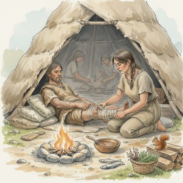 Stone Age woman caring for an injured person over time, illustrating long-term survival and healing before modern medicine