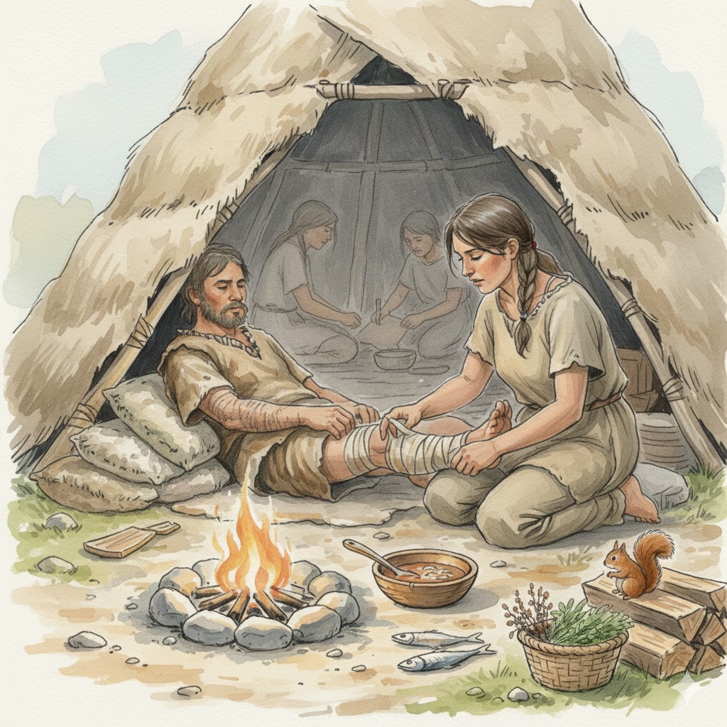 Stone Age woman caring for an injured person over time, illustrating long-term survival and healing before modern medicine