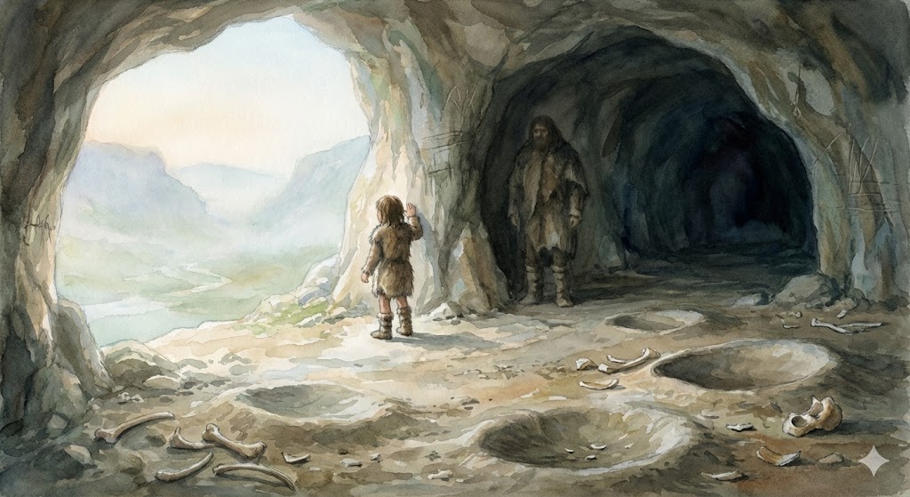 Illustration of a prehistoric cave entrance where humans once shared shelter with cave bears, showing traces of cave bear extinction and early human memory during the Ice Age.