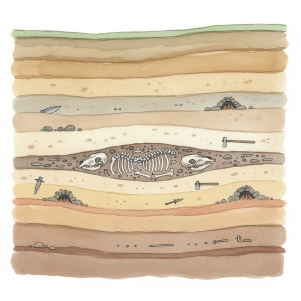 Archaeological excavation showing clustered animal bones in a single soil layer, illustrating seasonal hunting patterns in Upper Paleolithic Europe