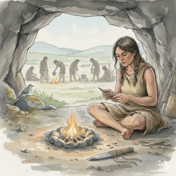 Woman in stone age sharpening ancient tool