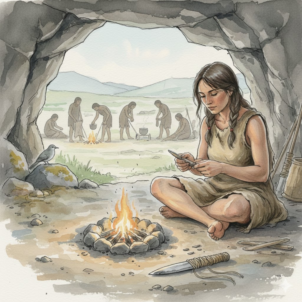 Woman in stone age sharpening ancient tool