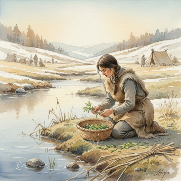 Stone Age woman gathering plants in early spring, Ice Age Europe, illustrating plant knowledge before agriculture