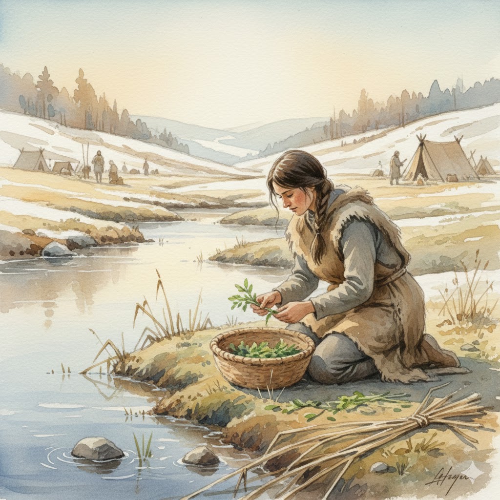 Stone Age woman gathering plants in early spring, Ice Age Europe, illustrating plant knowledge before agriculture