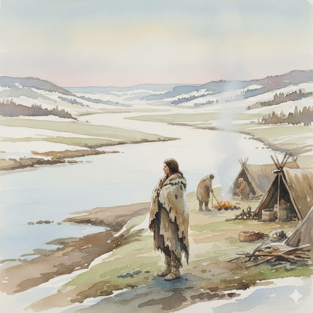 Stone Age woman standing near a river valley in early spring, Ice Age Europe, waiting during a seasonal hunting period before agriculture