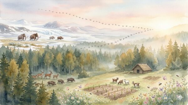 prehistoric valley showing ice age, forest, and early farming landscape across time