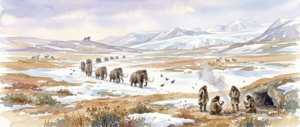 ice age paleolithic landscape with mammoths, early humans near cave fire, and open tundra steppe
