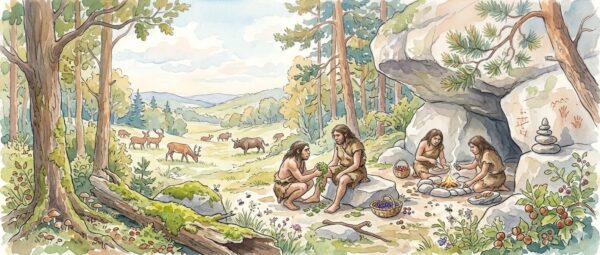 neanderthal group in forest shelter caring for each other with deer, trees, and natural surroundings