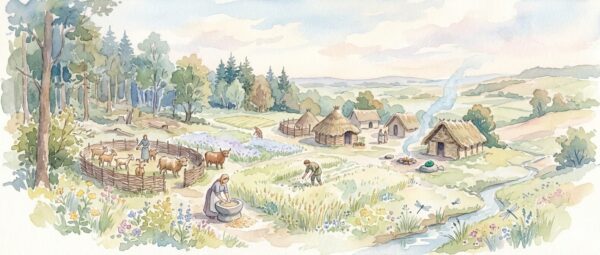 prehistoric woman preparing herbal remedies with plants by a river surrounded by community and nature