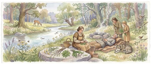 neolithic farming village with wheat fields, huts, domesticated animals, and early copper smelting activity