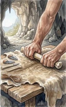 neanderthal bone lissoir (smoother) on a piece of animal hide