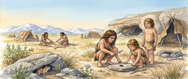 Neanderthal children playing at the edge of their community's camp. Depiction of prehistoric stone age family life.