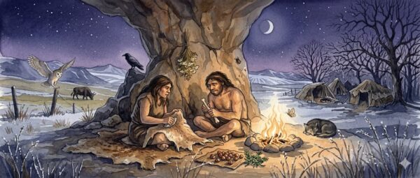 neanderthal couple sharing a hearth