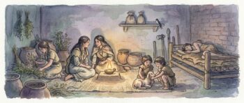 A loose watercolor illustration of a Neolithic mud-brick interior at dusk, featuring two women in prehistoric clothing talking by a warm oil lamp, children playing with a baby goat on a woven mat, and a young man resting on a wooden chest in the background.