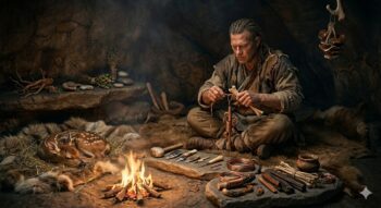 Stone Age craftsperson working with copper and resin, suggesting early technological experimentation