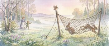 The Net at Dawn A woman and child approach a fiber net strung across a misty spring clearing at sunrise, with rabbits caught in the mesh and dew clinging to the knots