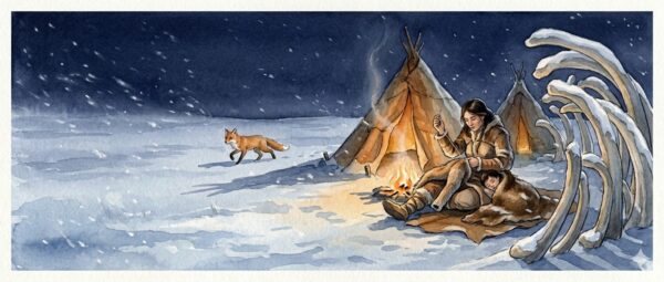 The Needle Worker
A woman sews a fitted fur sleeve by firelight between hide tents on a snowy winter steppe, a sleeping child curled against her, while a fox crosses the darkness beyond