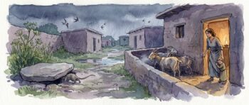 A woman pauses in a doorway at dusk as rain begins, watching a coughing goat in the pen beside her house, while a rat slips into an uncovered grain pit across the muddy yard