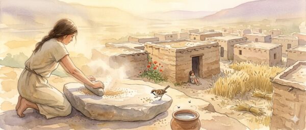A young woman grinds grain on a flat stone at dawn in a Neolithic river valley settlement, dust rising in the hazy light, while a listless child sits nearby against a mud-brick wall