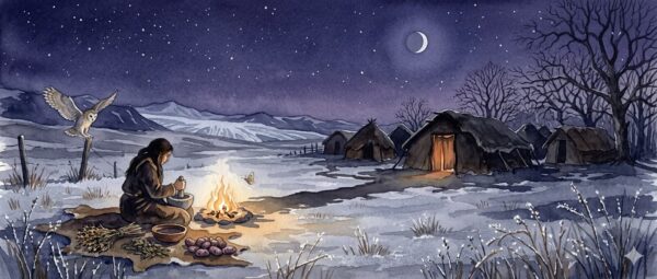 A healer grinds medicinal roots by firelight at the edge of a Neolithic settlement on a clear winter night, dried herbs spread before her, while an owl descends toward a fence post nearby