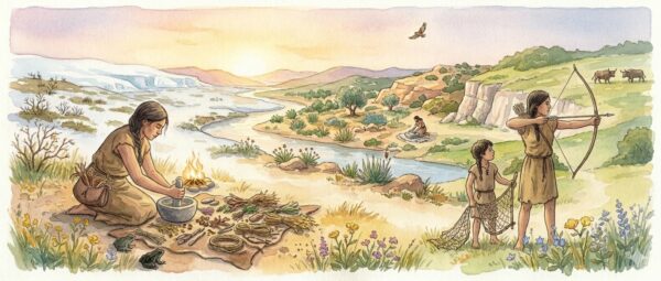 Watercolor illustration of a prehistoric valley at golden hour, showing a woman healer beside a fire with medicinal plants, and a winding trail stretching into the distance through changing landscapes with other women visible along the path